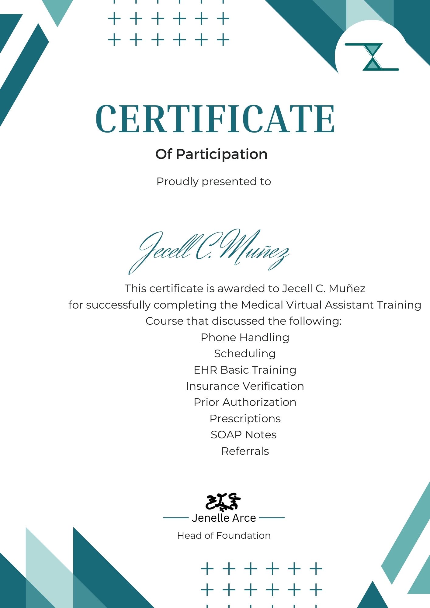 Medical Virtual Assistant Certificate of Training