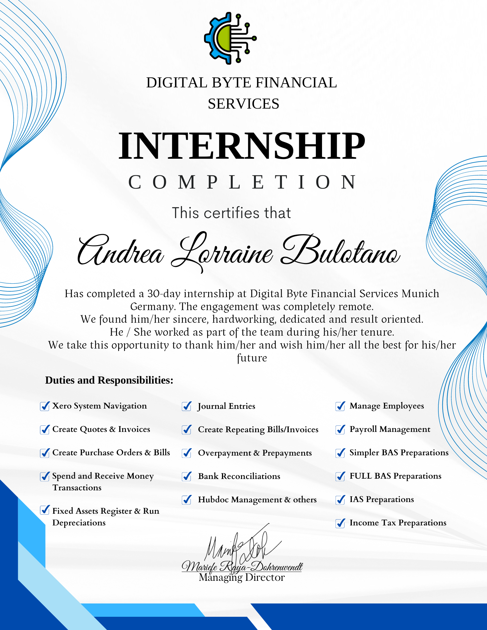 Internship Completion with Digital Byte Financial Services