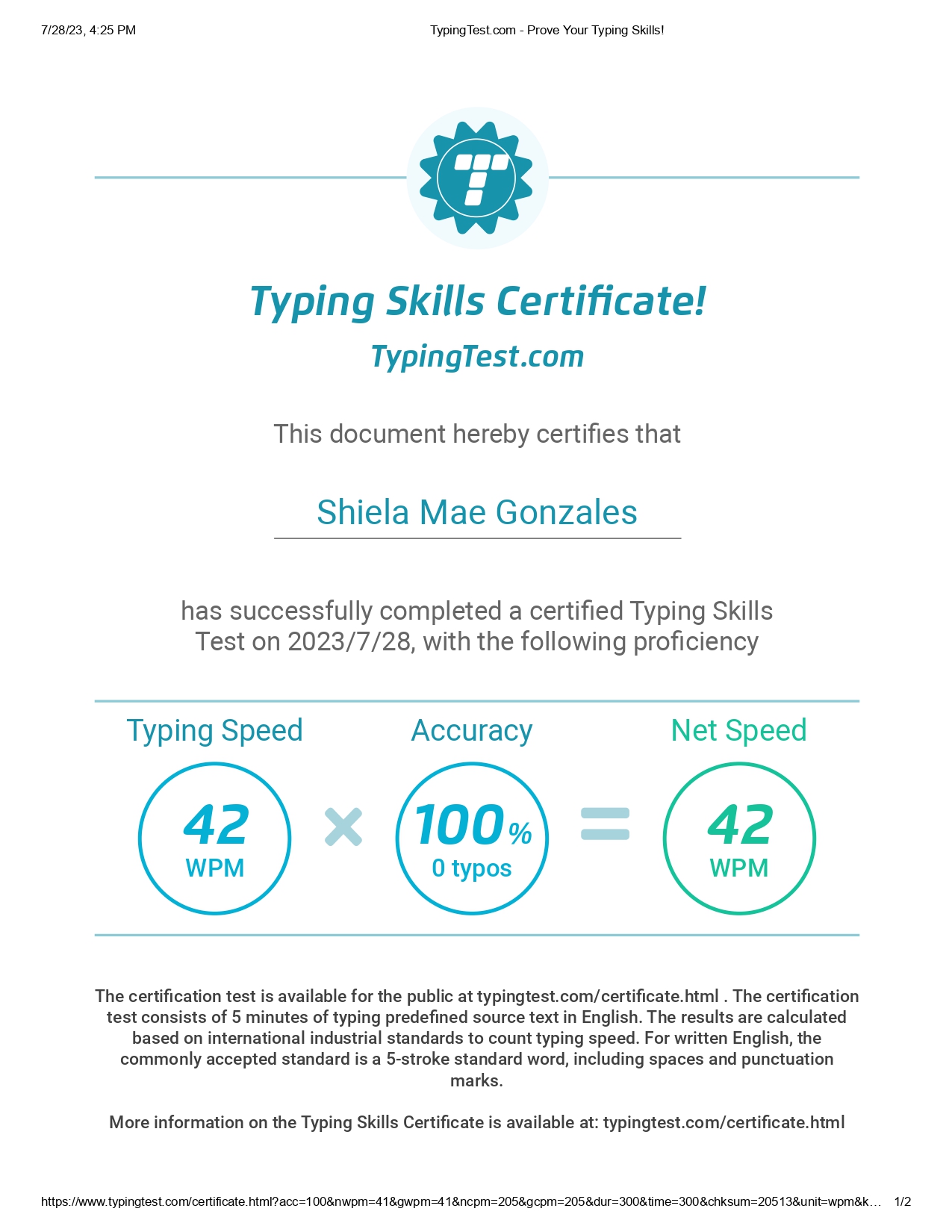 Typing test cert