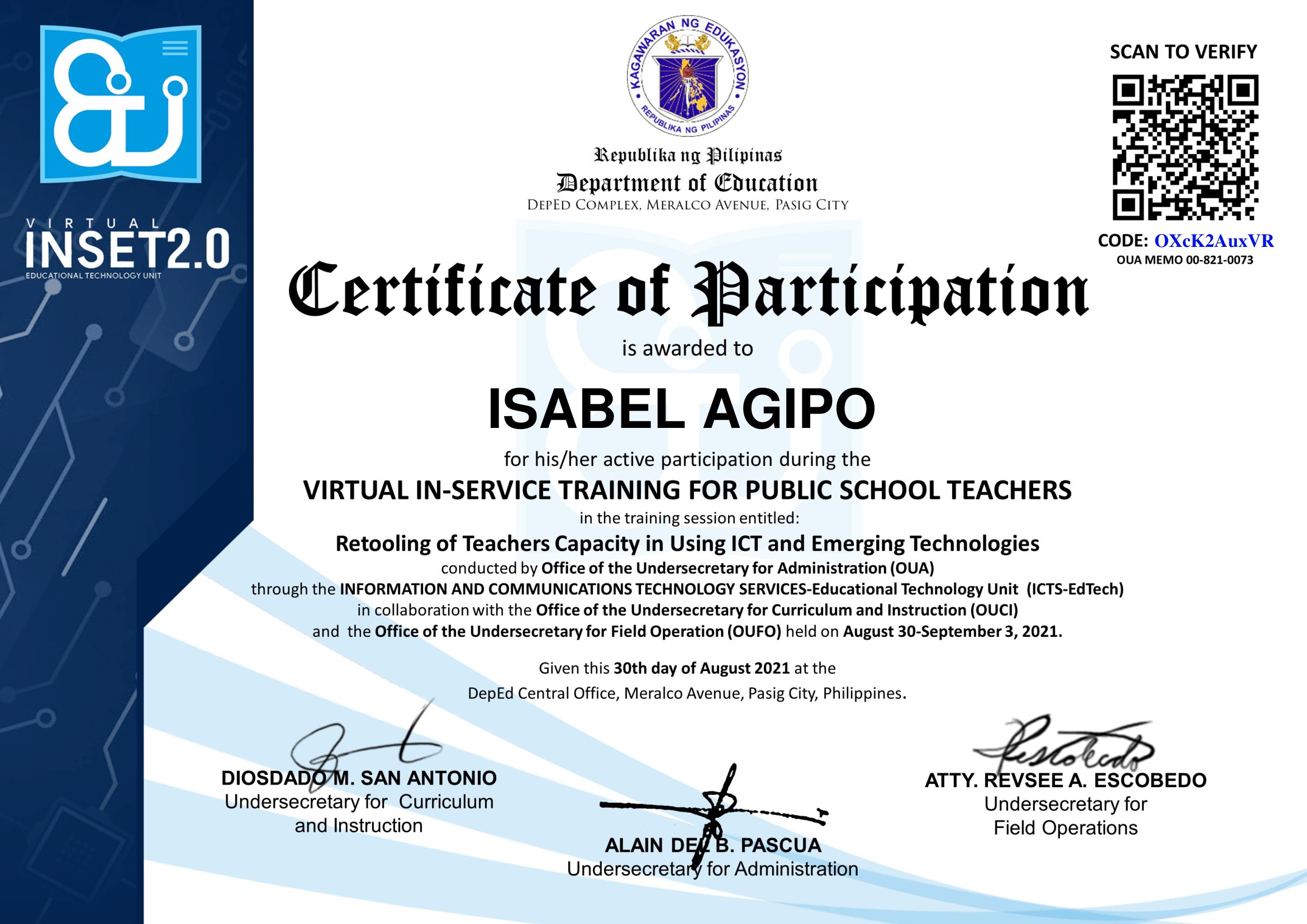 Virtual In- Service Training for Teachers- Training Title: Retooling of Teachers Capacity in Using ICT and Emerging Technologies