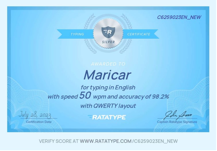 Ratatype Certificate - 50 WPM