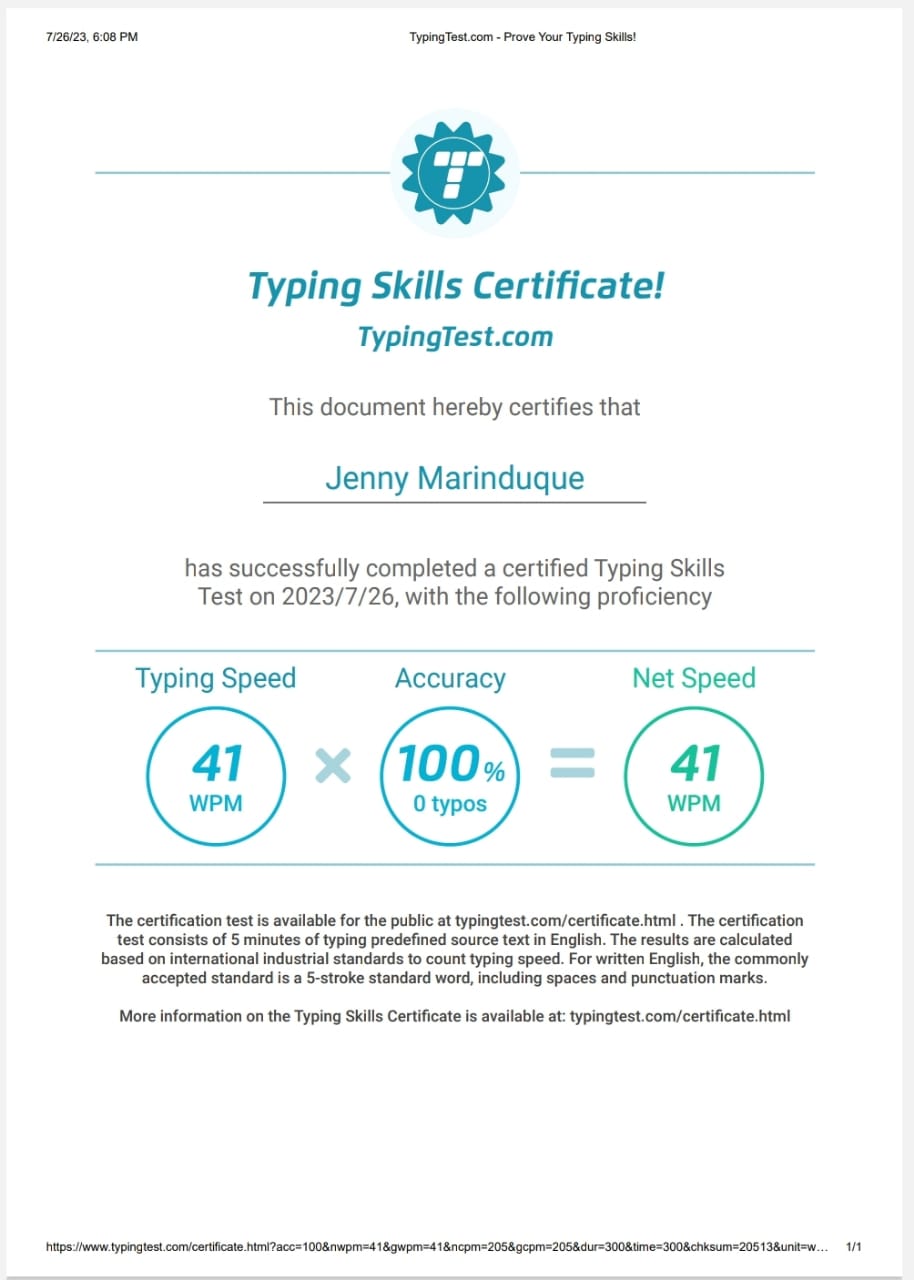 Typing Test Certificate