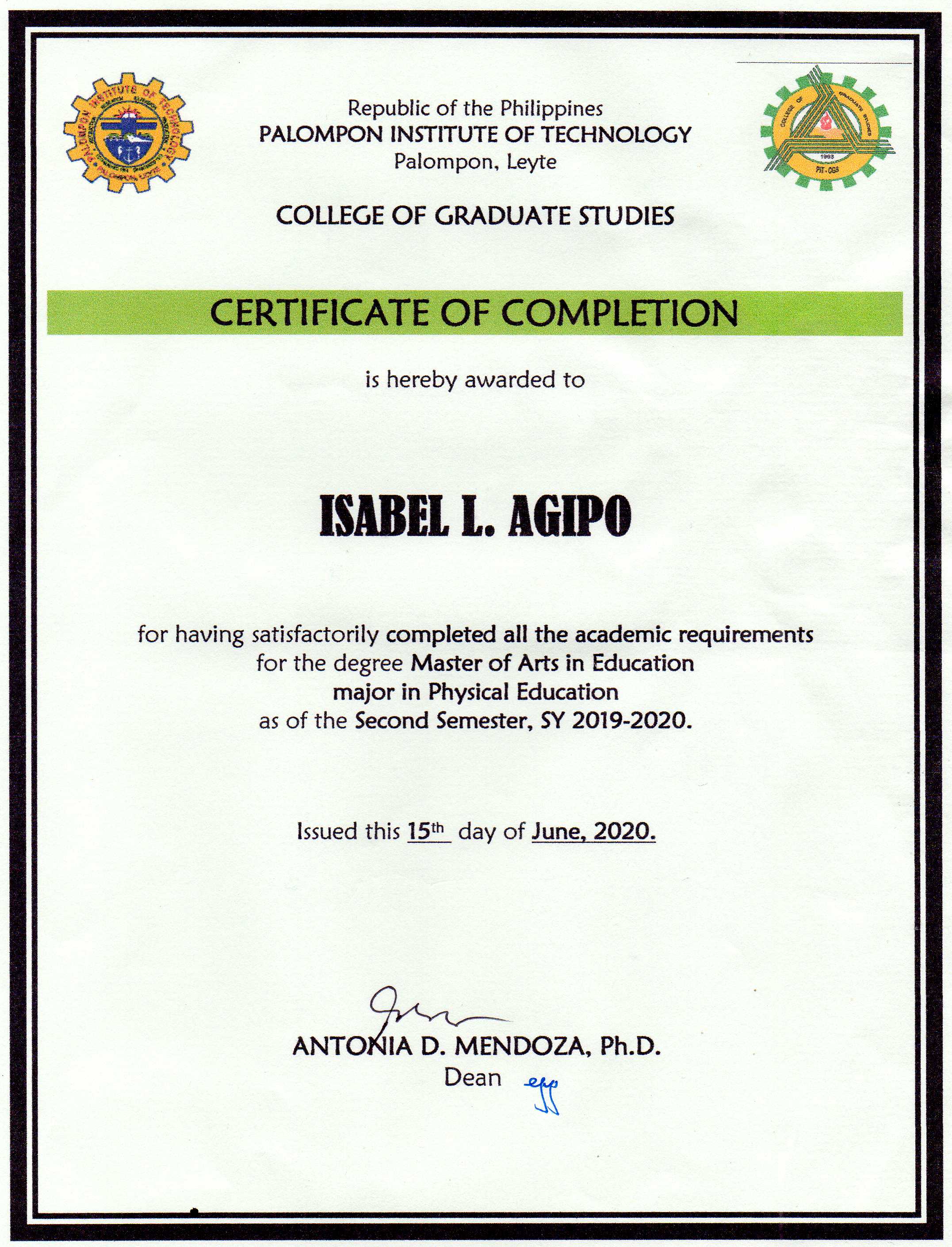 CERTIFICATE OF COMPLETION- Master of Arts in Education major in Physical Education