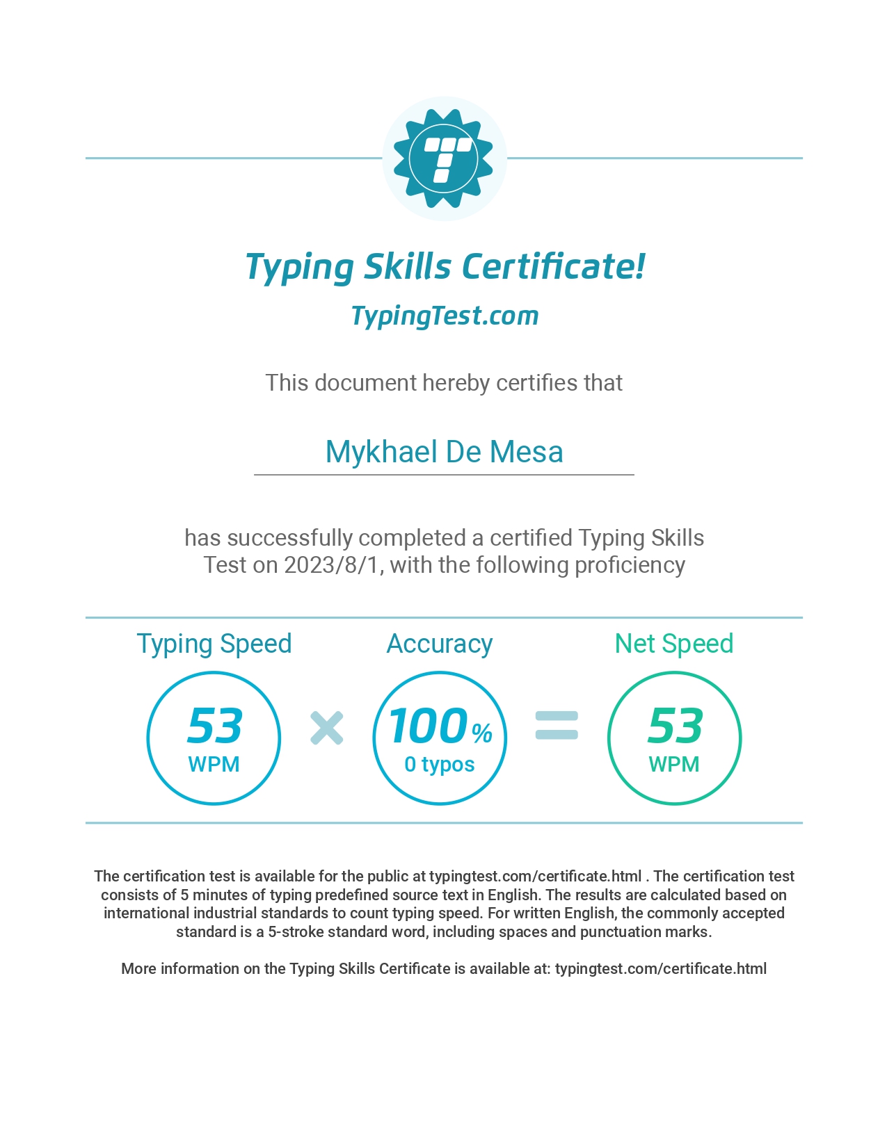 Typing Test Certificate