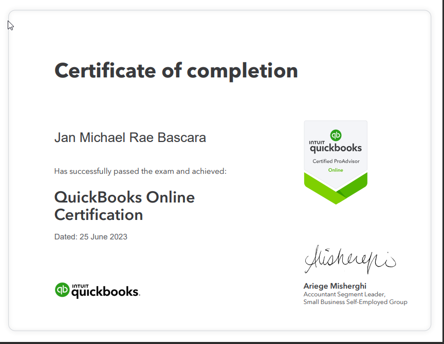 Quickbook ProAdvisor certificate