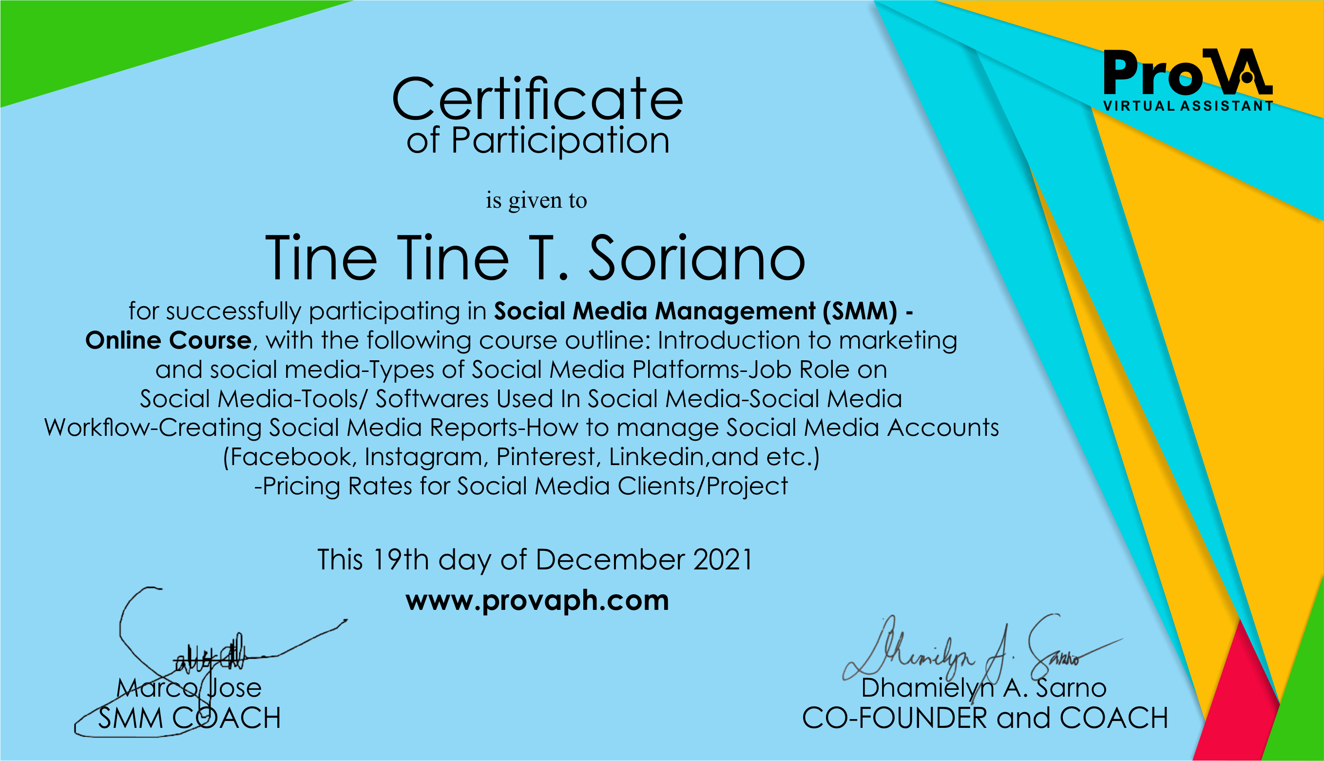 SMM Certificate