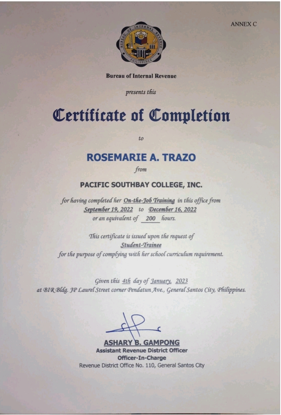 OJT Certificate