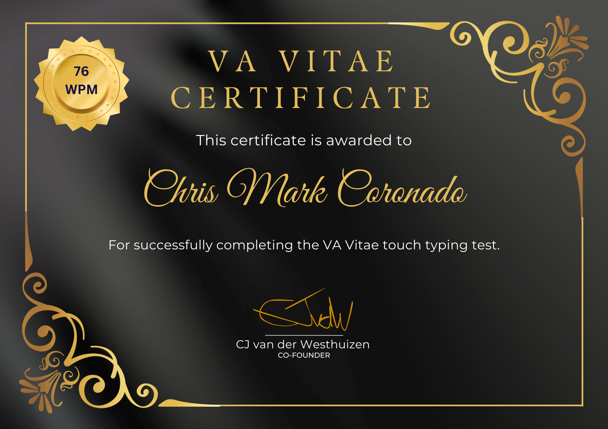 Speed typing Certificate, VA Vitae