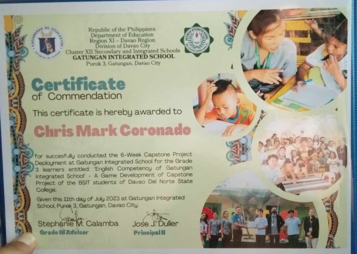 Game Development Deployment Certificate, Gatungan Integrated School, Davao City, DEPED