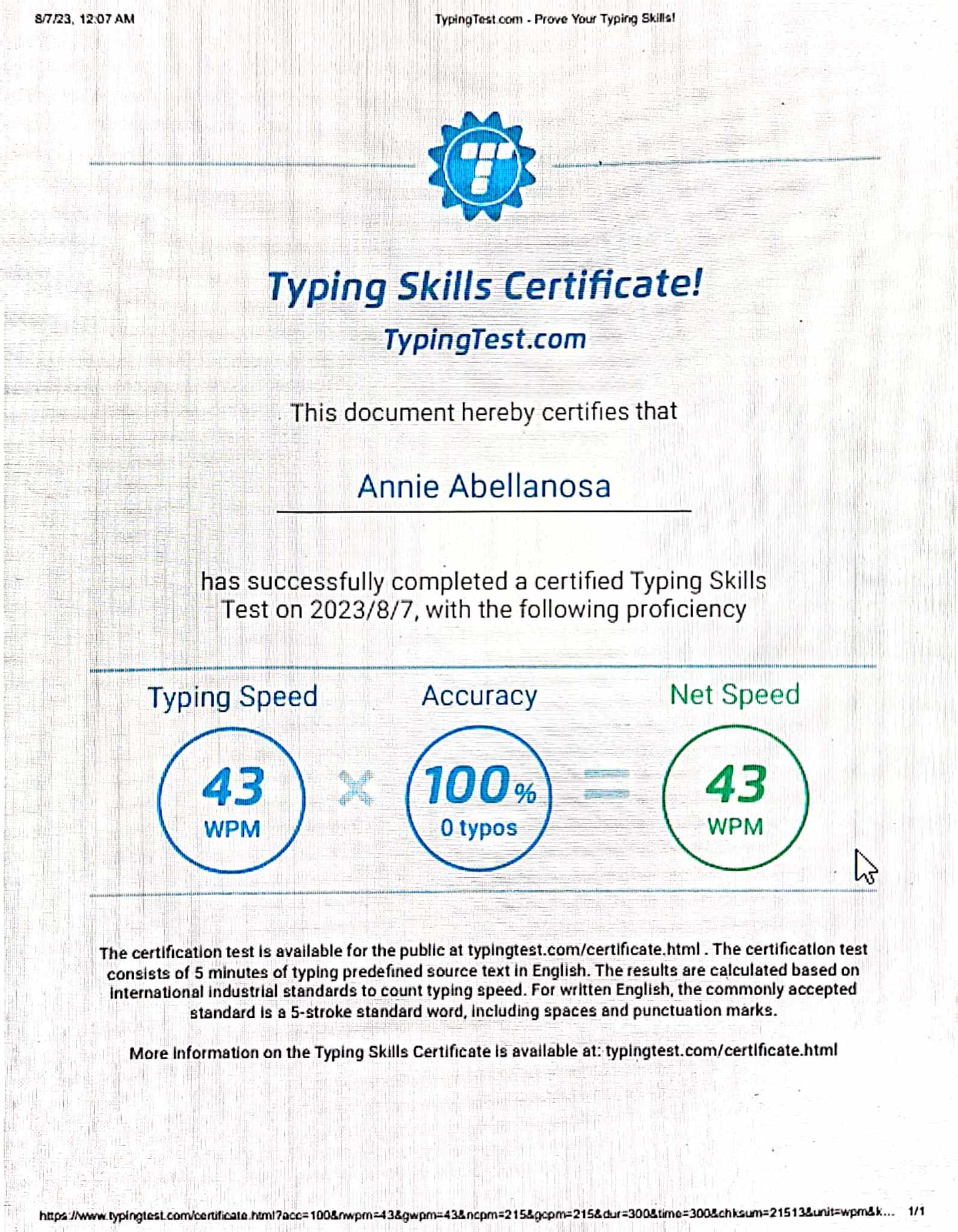 Typing Skills Certificate