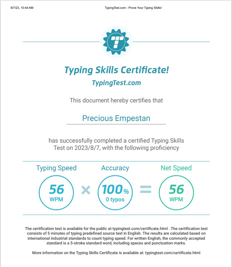 Typing Speed Certificate