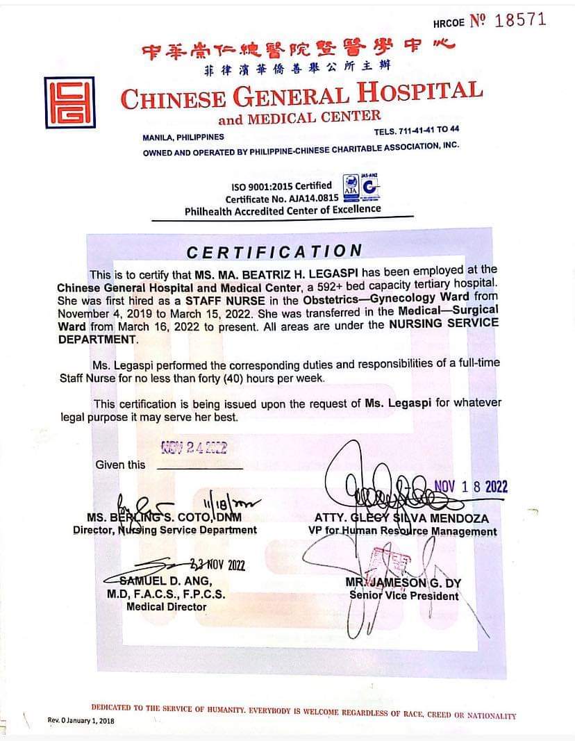 Certificate of employment