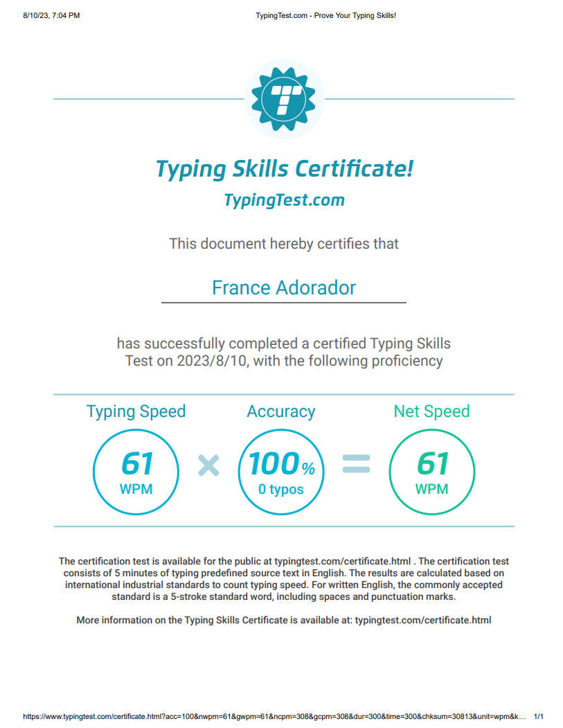 Typing Skill Certificate