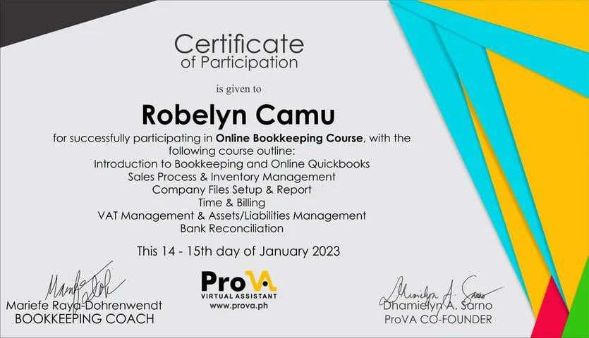 Certificate for Online Bookkeeping Course