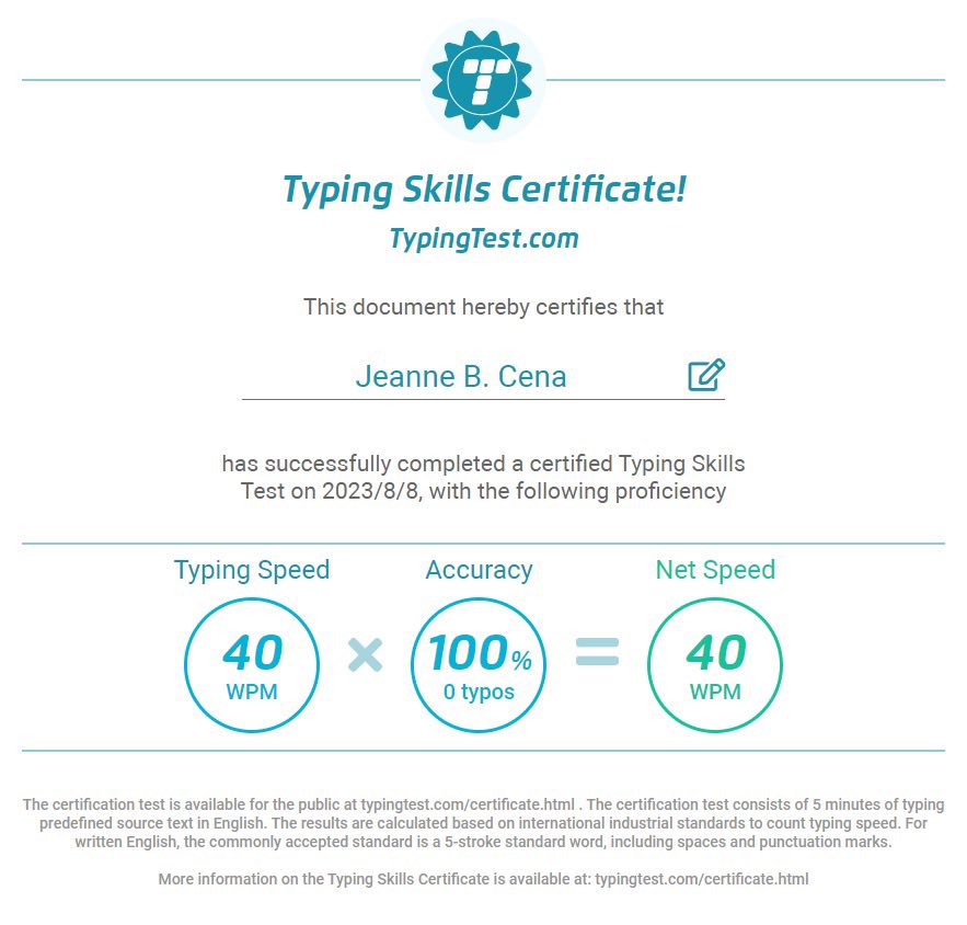 TYPING TEST CERTIFICATE