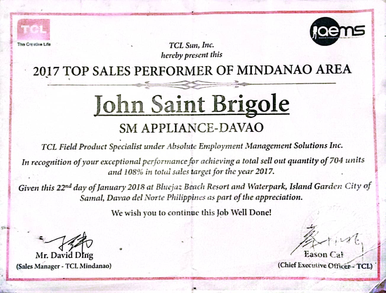 TOP SALES PERFORMER OF MINDANAO AREA 2017