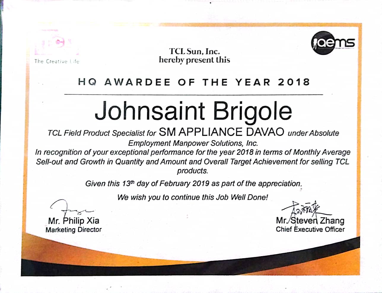 HEAD QUARTERS AWARDEE OF THE YEAR 2018