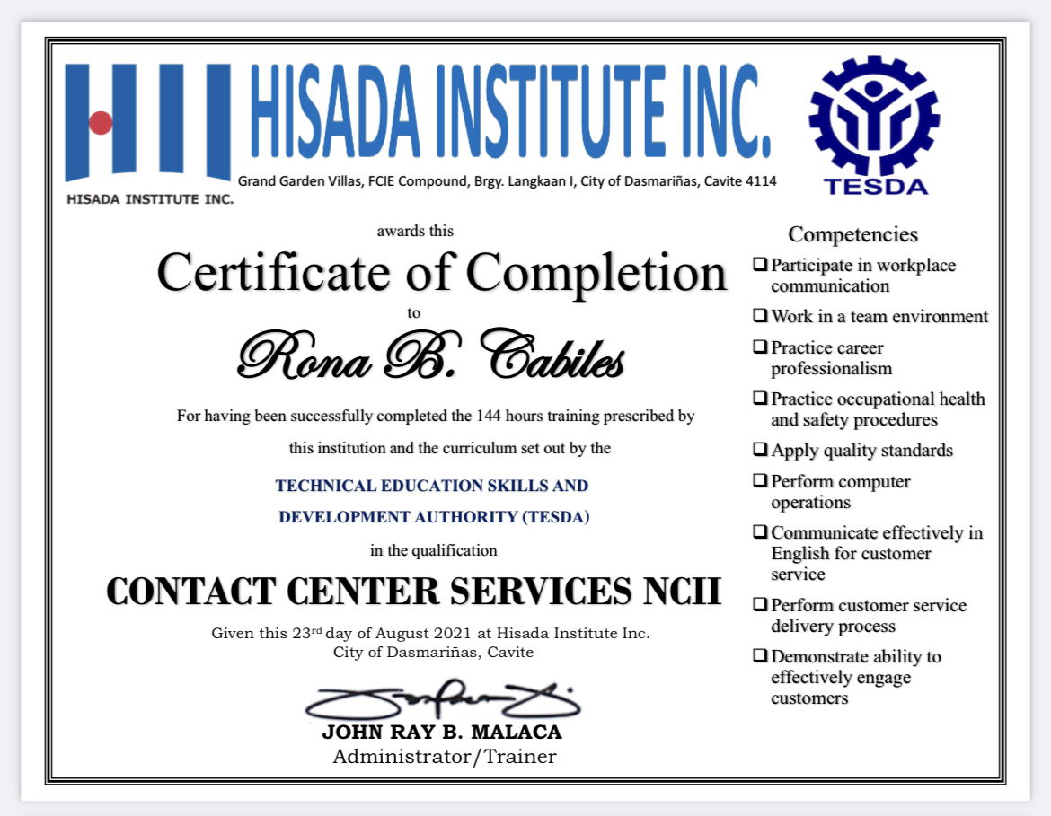 Technical Education Skills and Development Authority (Tesda) Certificate - Contact Center Services NC2