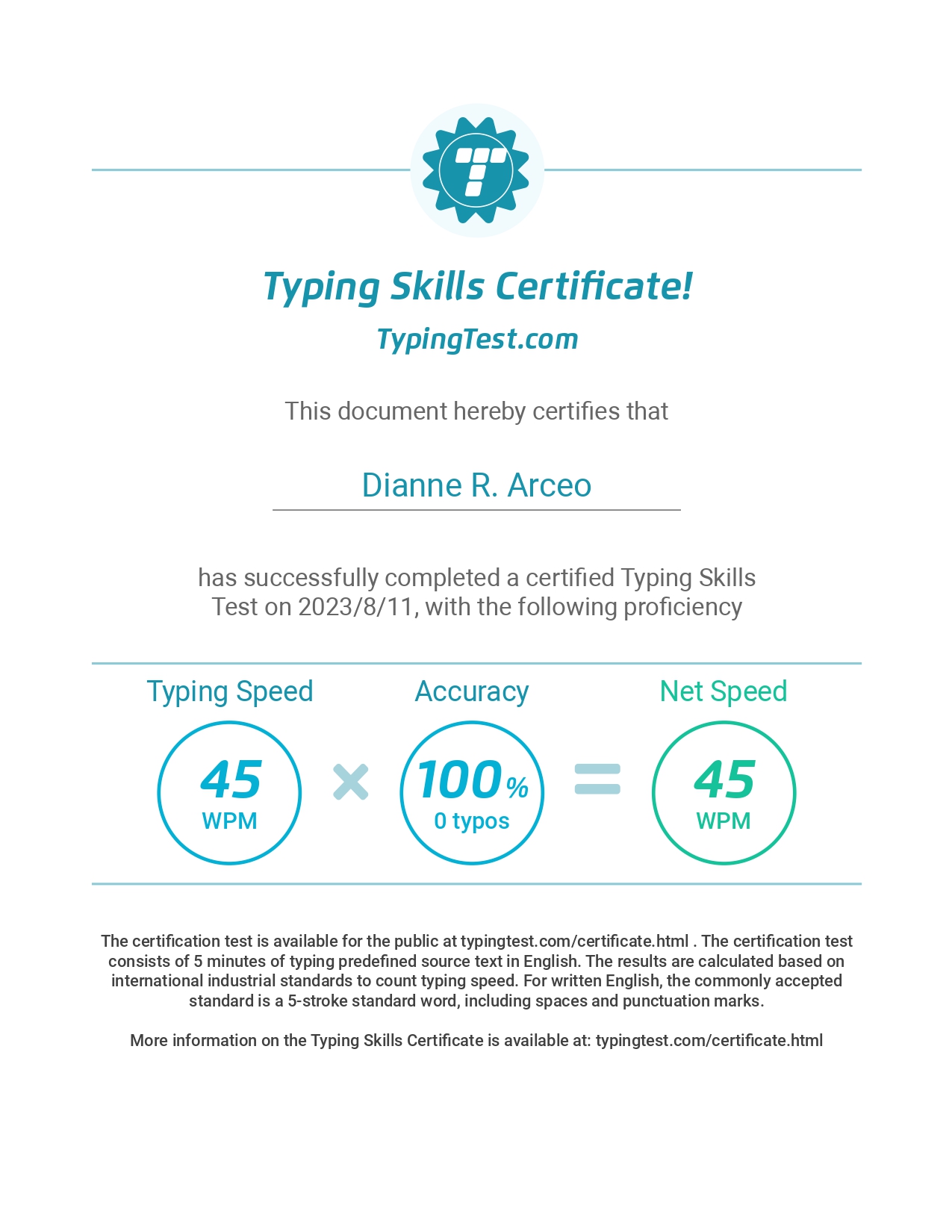 Typing Test Certificate