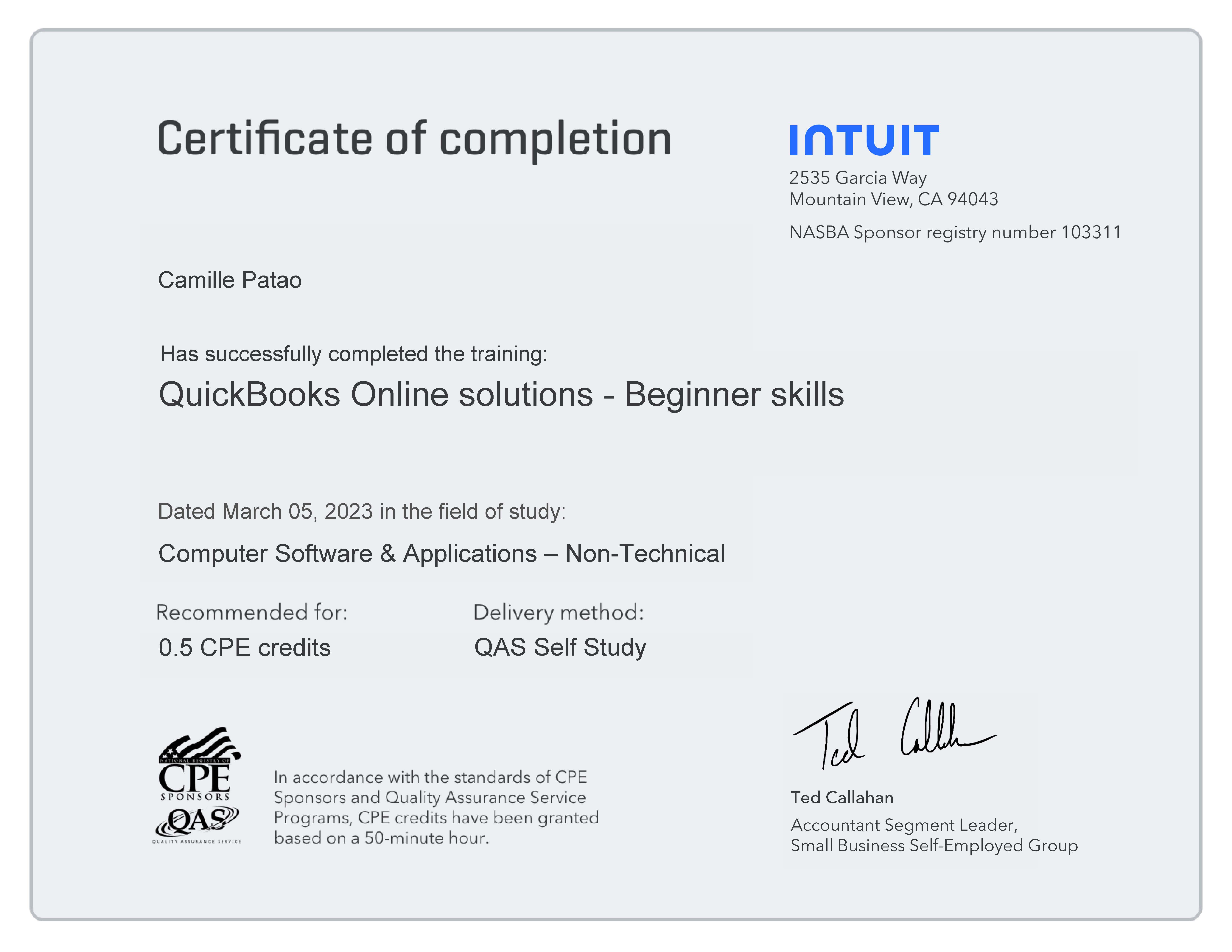 QuickBooks Online Solutions Certificate
