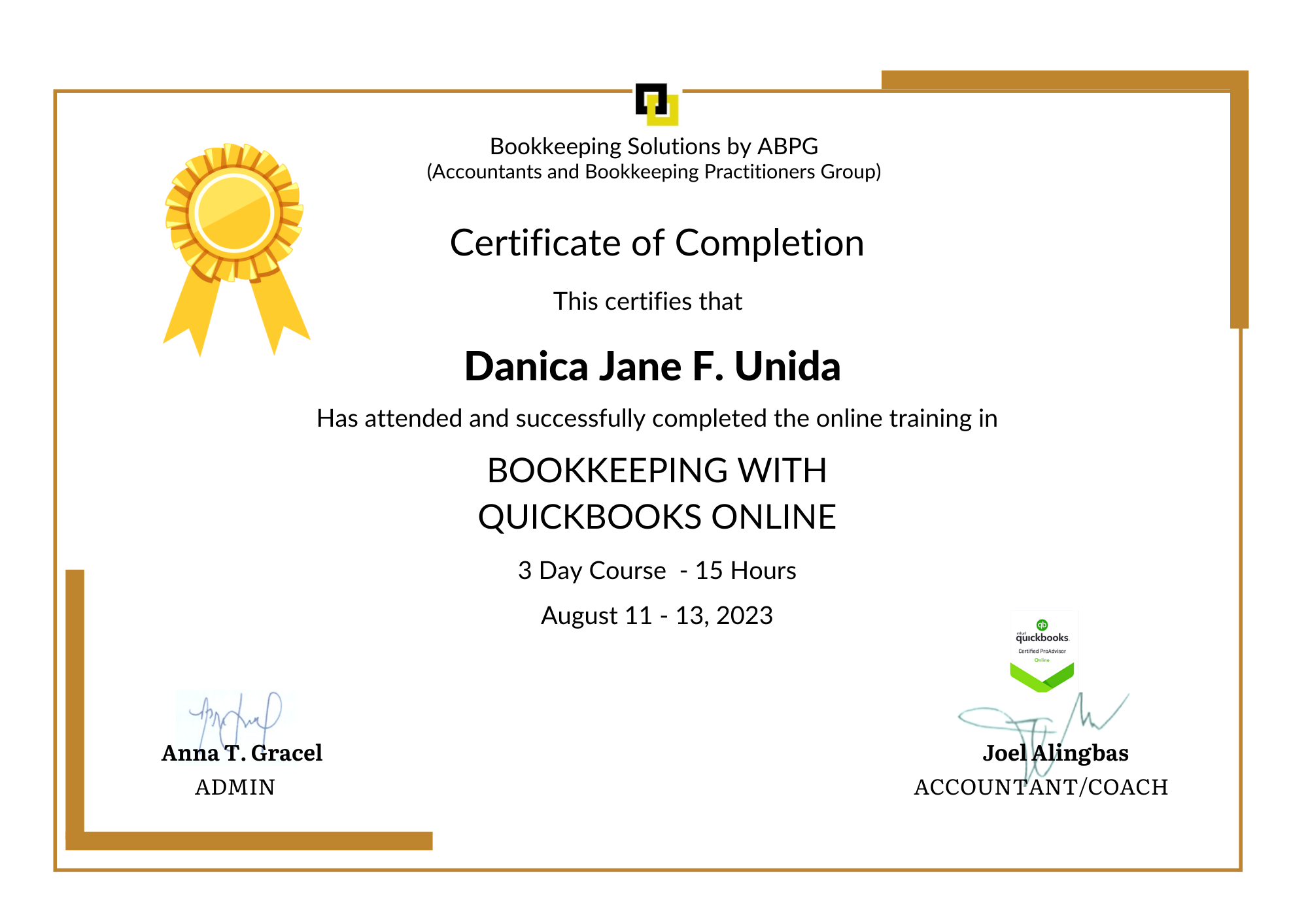 Certificate of Training for Bookkeeping