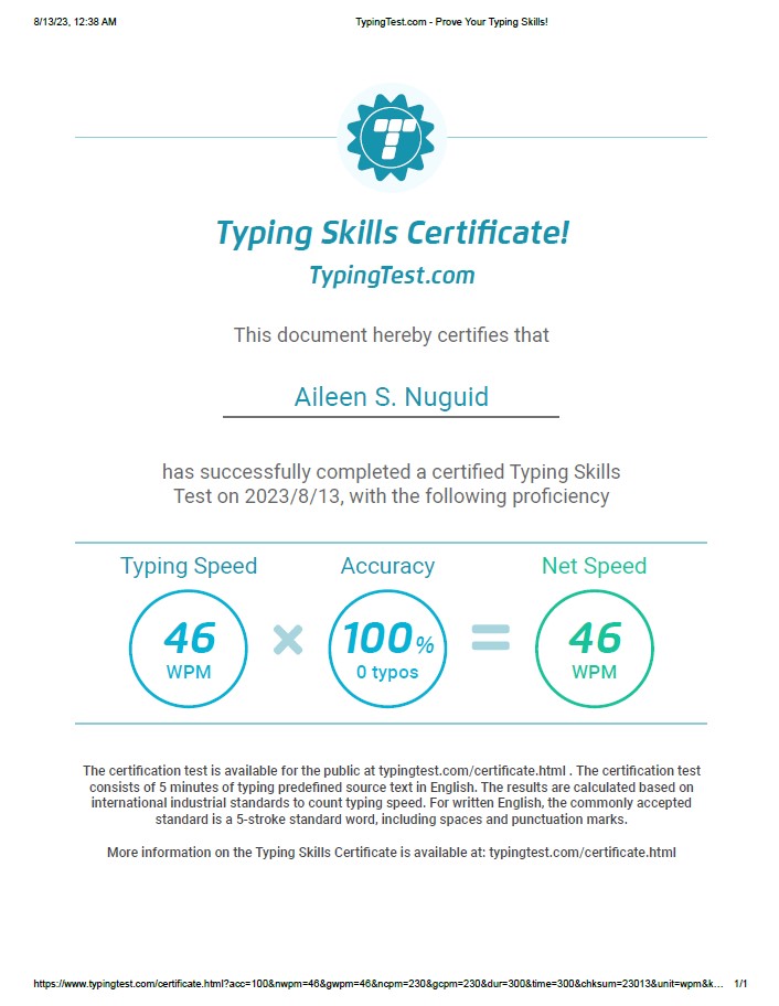 Typing Speed Certificate