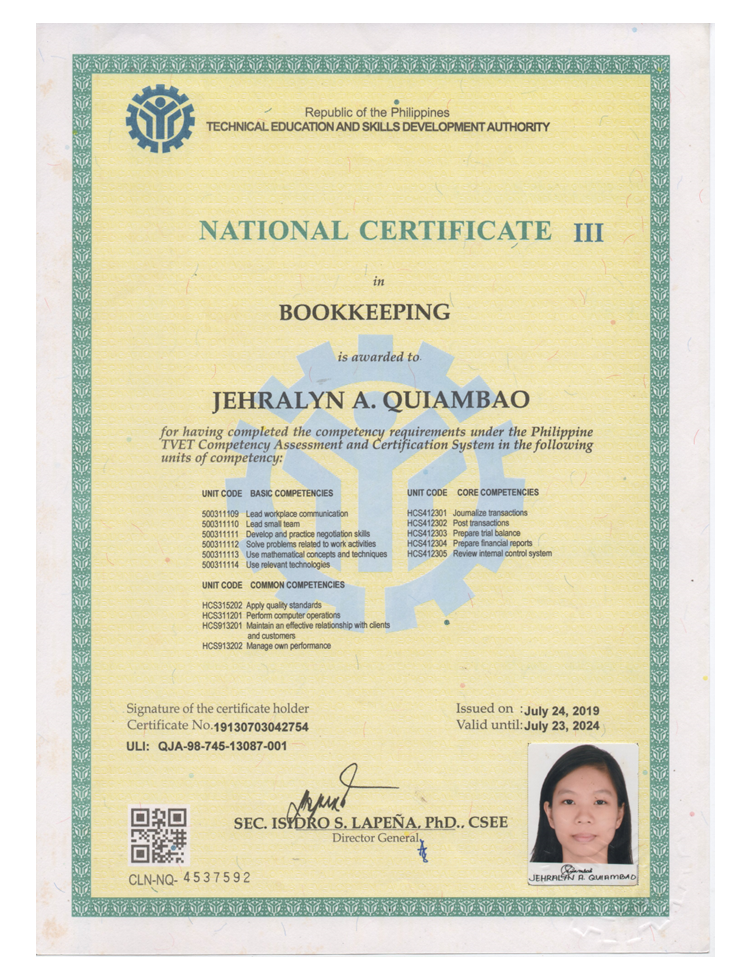 TESDA National Certificate III for Bookkeeping