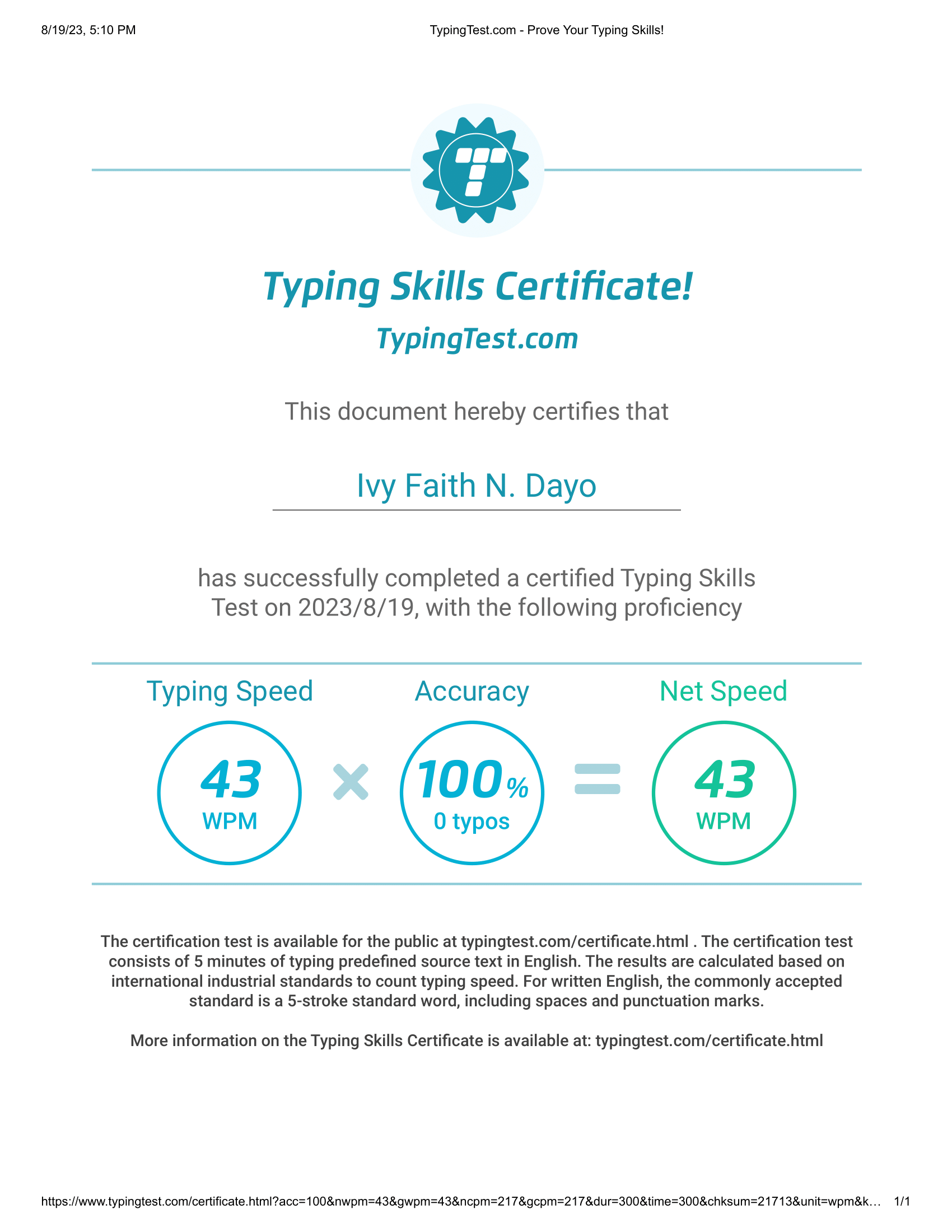 Typing Test Certificate