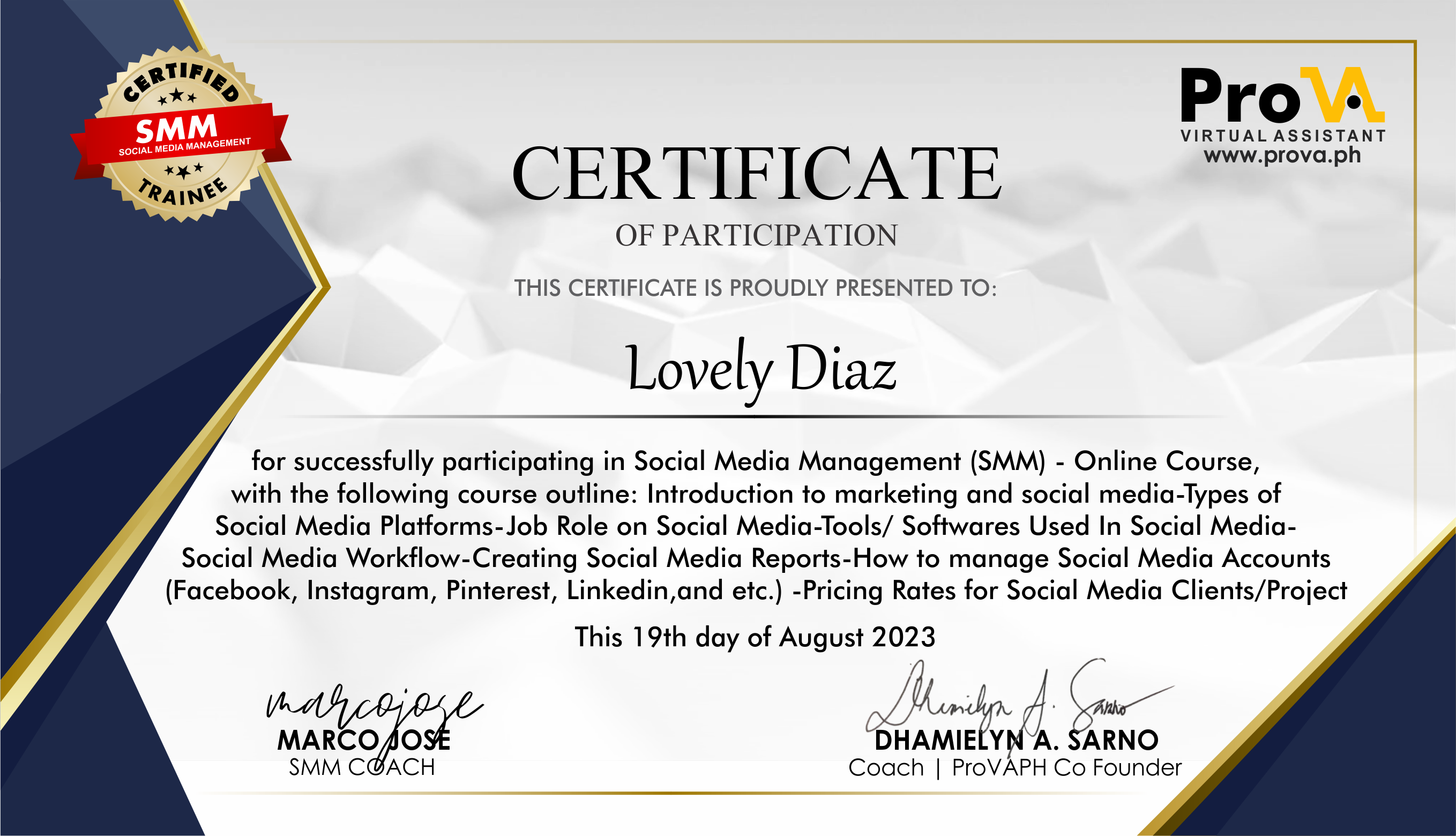 SMM Certificate
