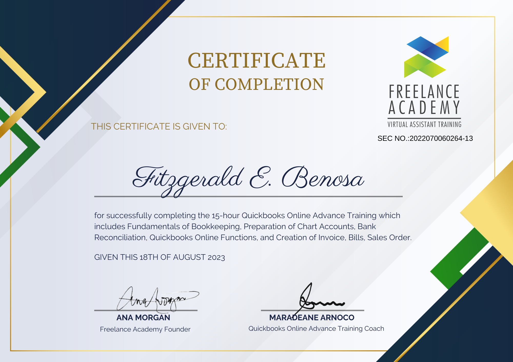 Certificate for Quickbooks Online Advance Training