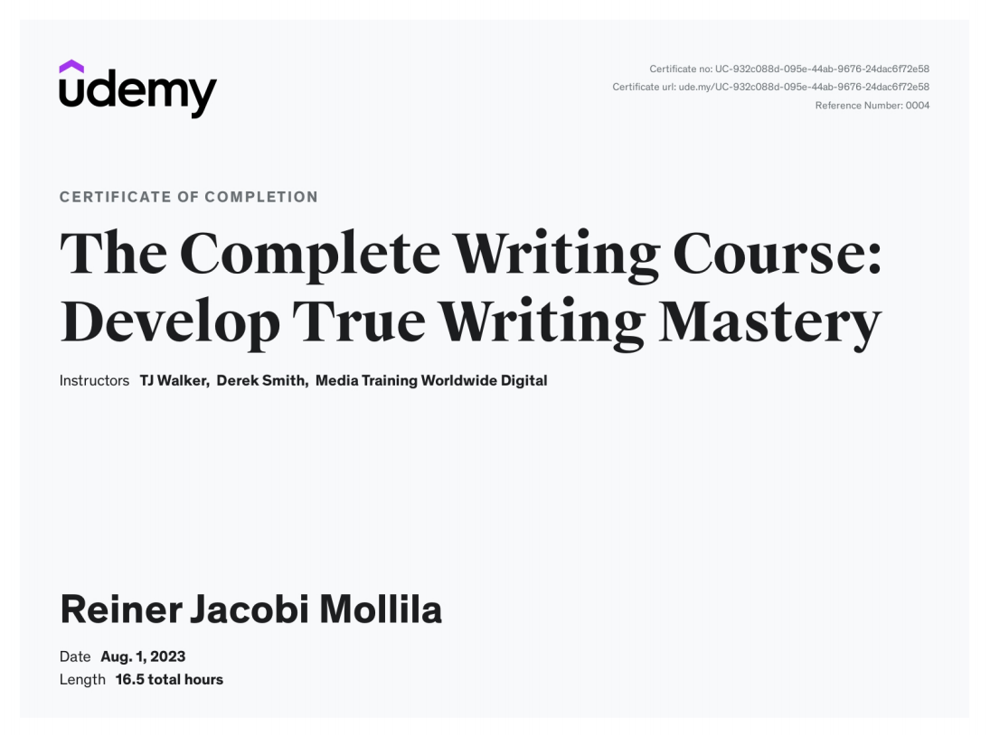 Writing Course - Udemy Certificate