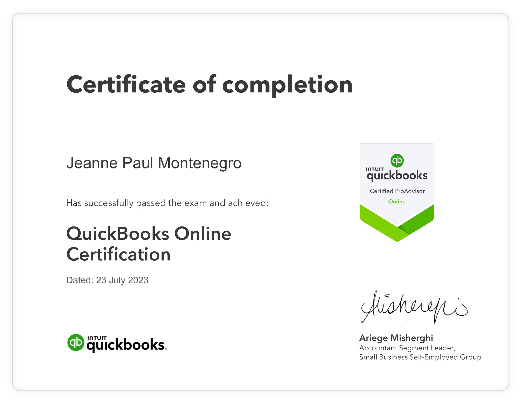 QuickBooks ProAdvisor Certificate