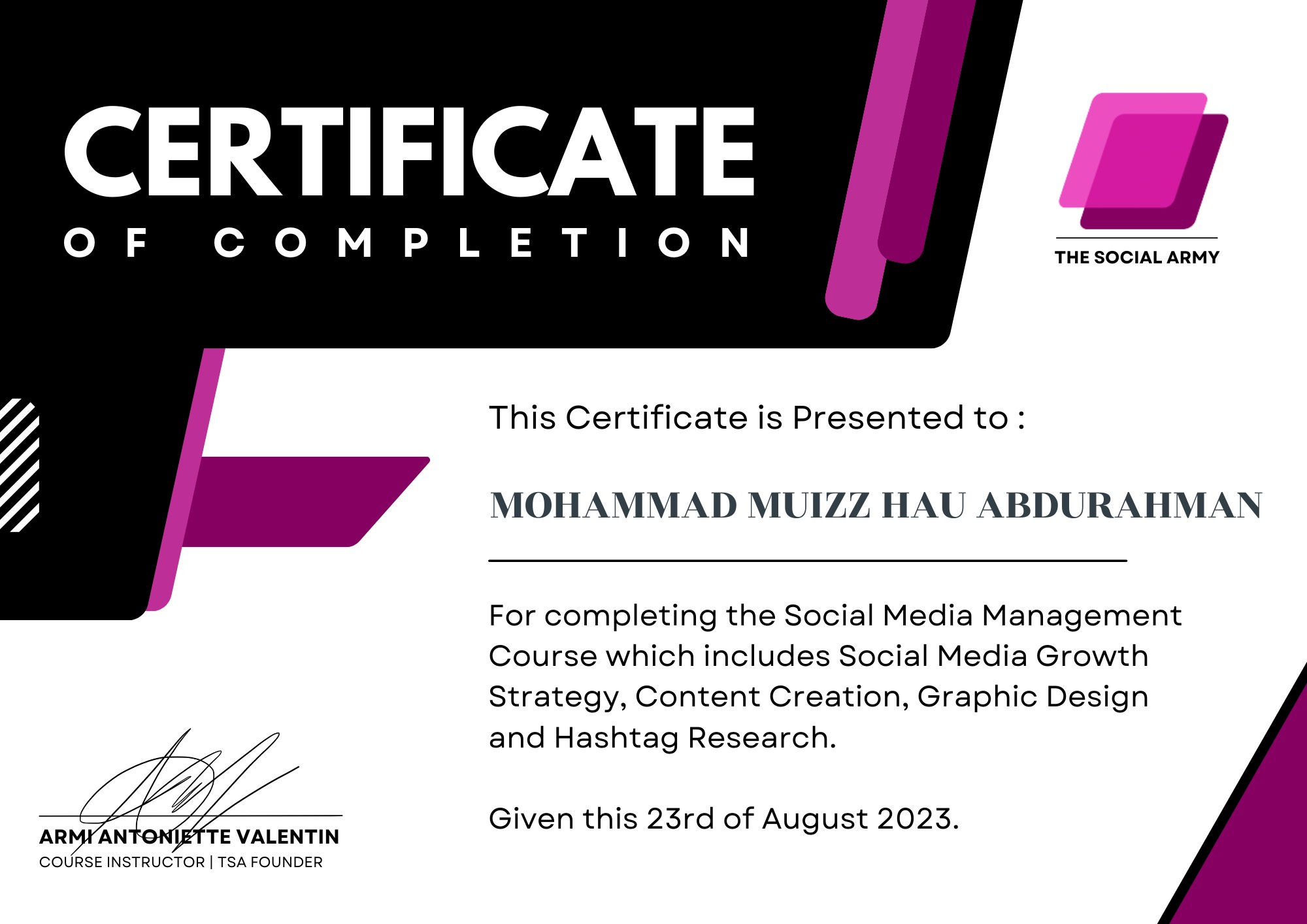 Social Media Management Certificate of Completion