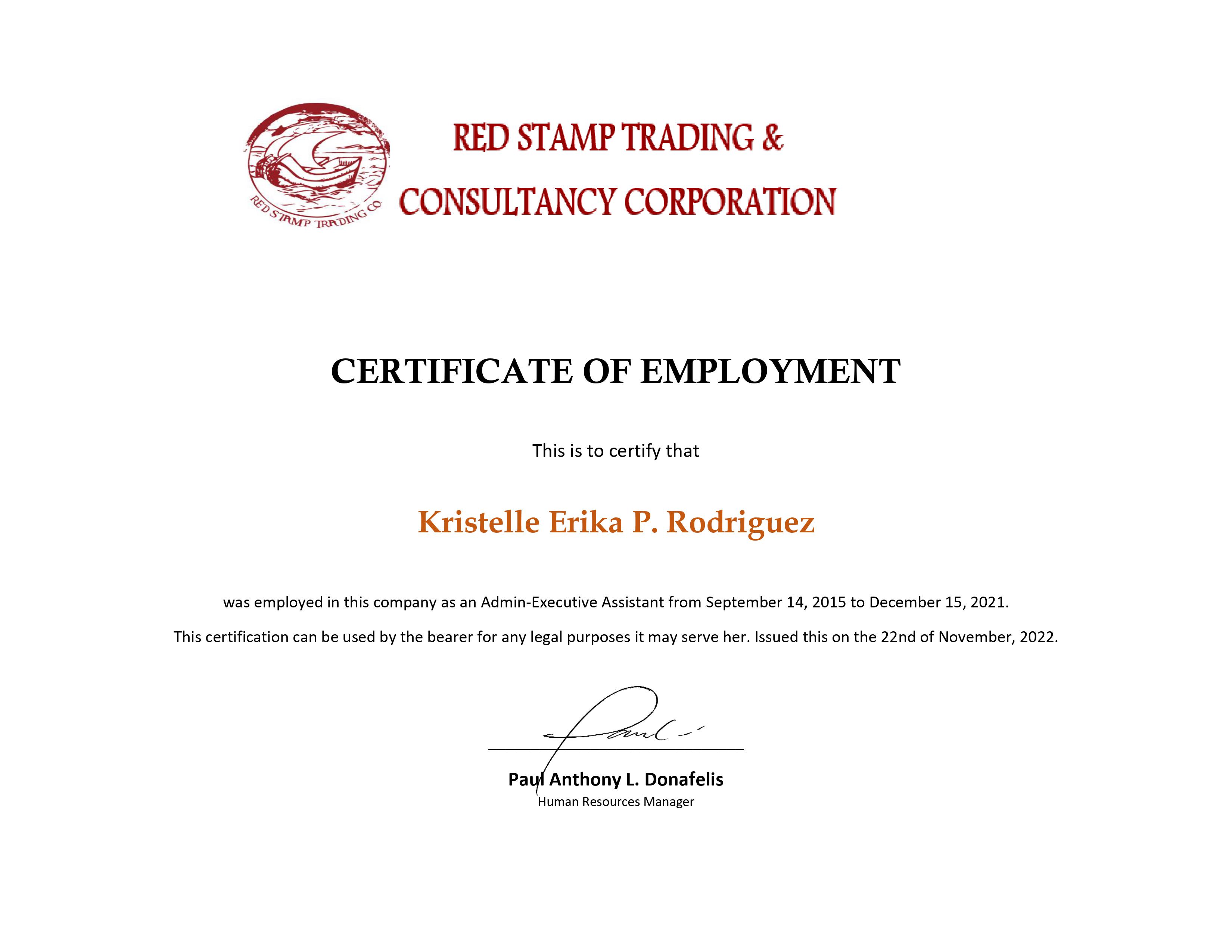 Certificate of Employment (Administrative/Executive Assistant)