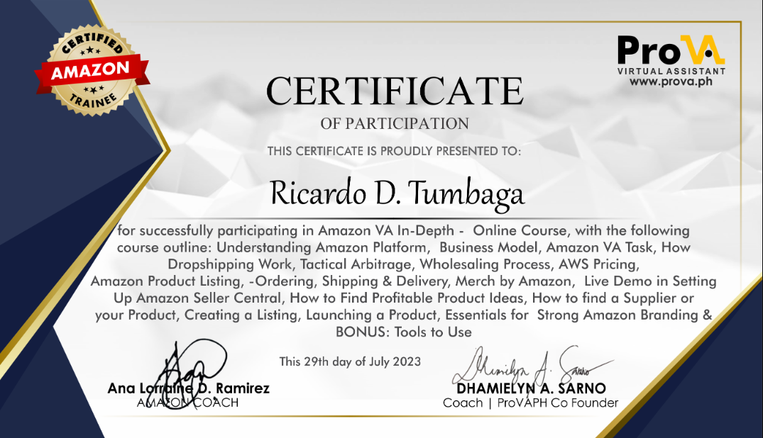 PRO VA Seminar Certificate