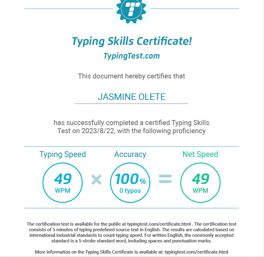 TypingTest Certificate