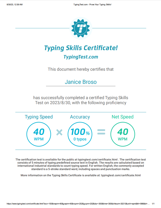 Typing Test Certificate