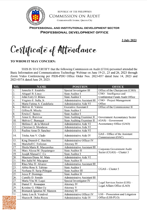 Cert of Attendance in Basic ICT