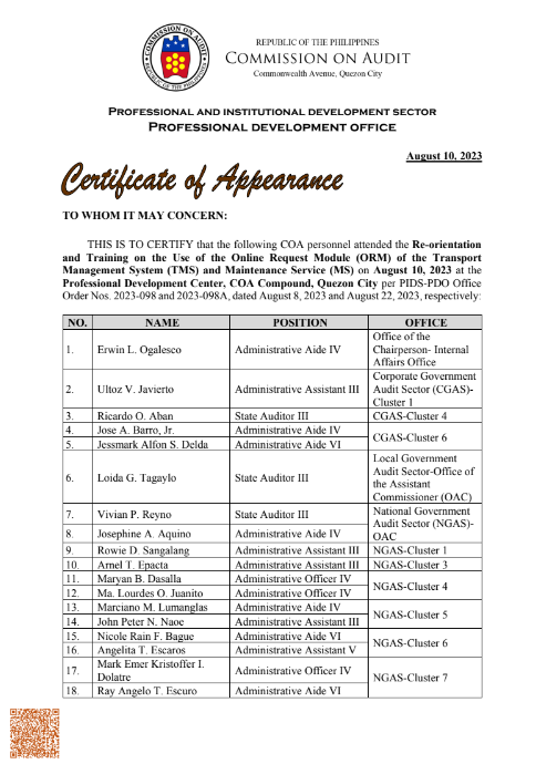 Certificate of Attendance in Re-orientation and  Training on the Use of the Online Request Module (ORM)  of the Transport and Management System (MS)