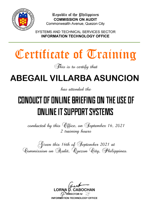 Certificate of Training in Conduct of Online Briefing on the Use of Online IT Support Systems