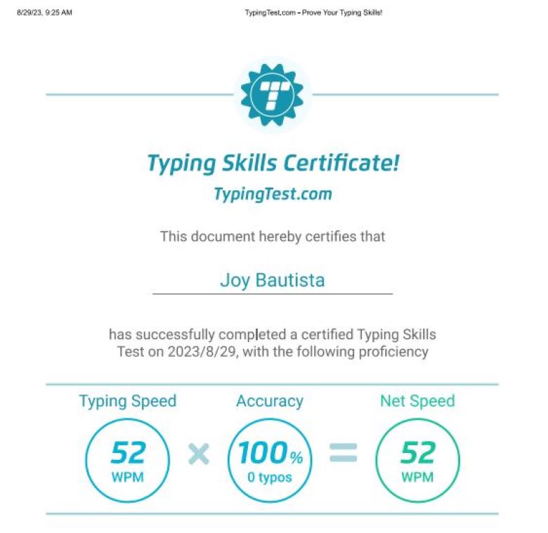 TYPING TEST CERTIFICATE