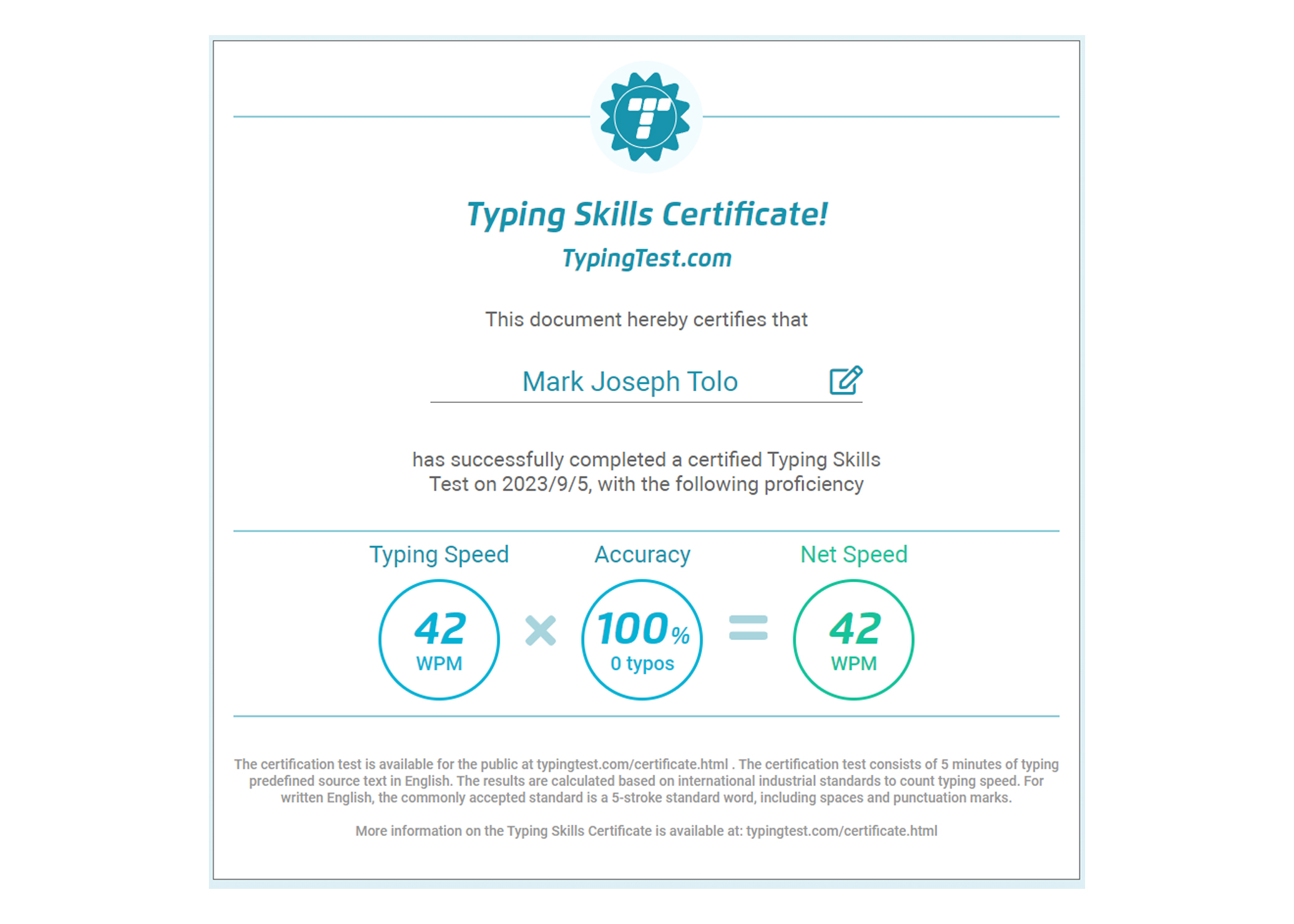 Typing Skills Certificate