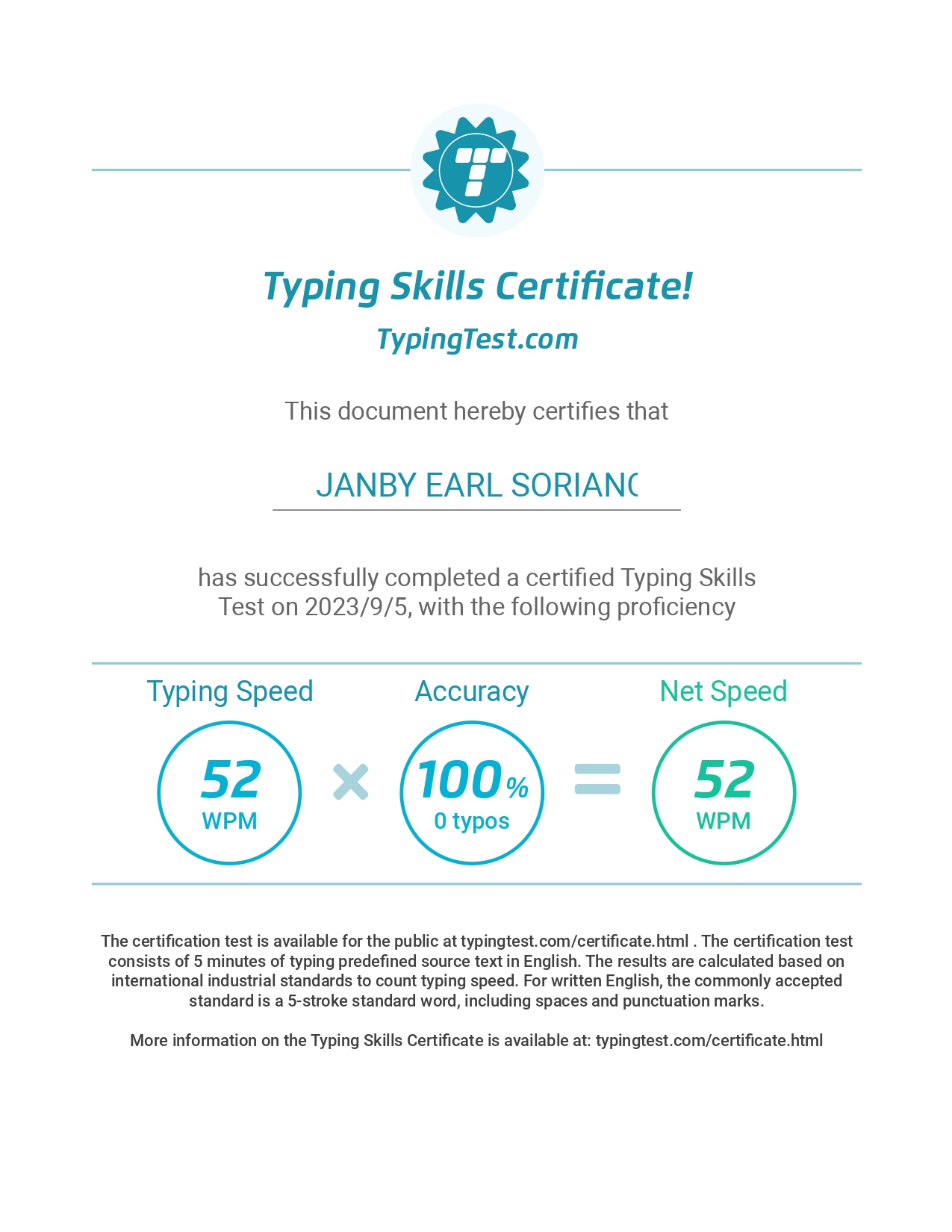 Typing Test Certificate