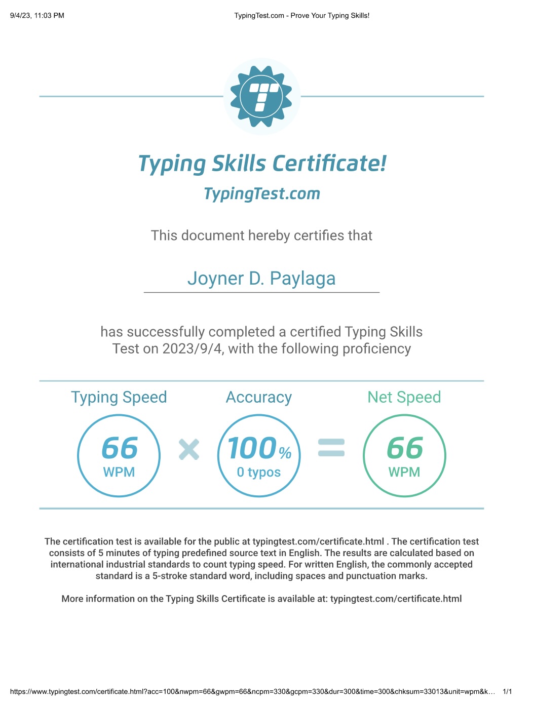 Typing Test Certificate