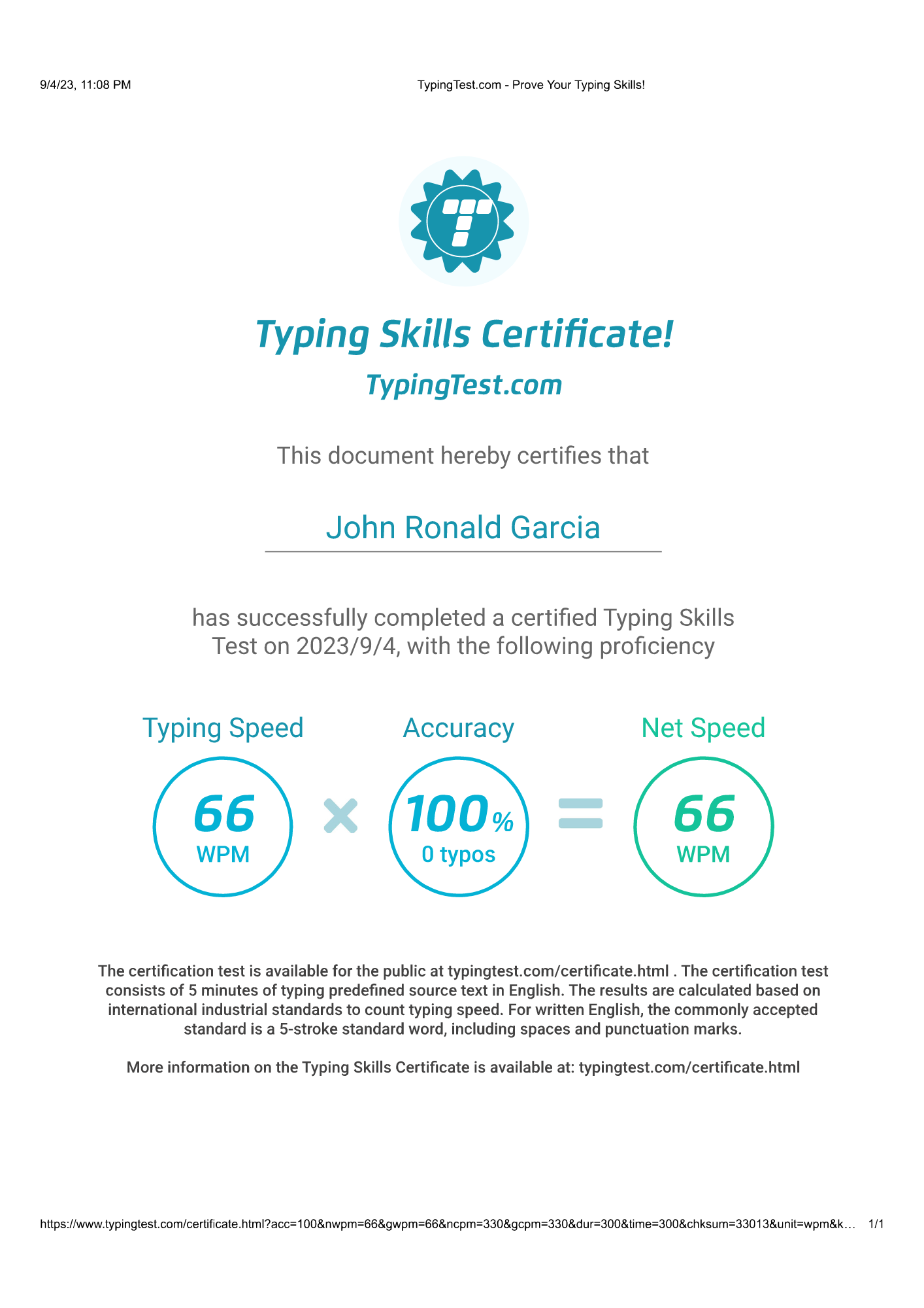 Typing Test Certificate