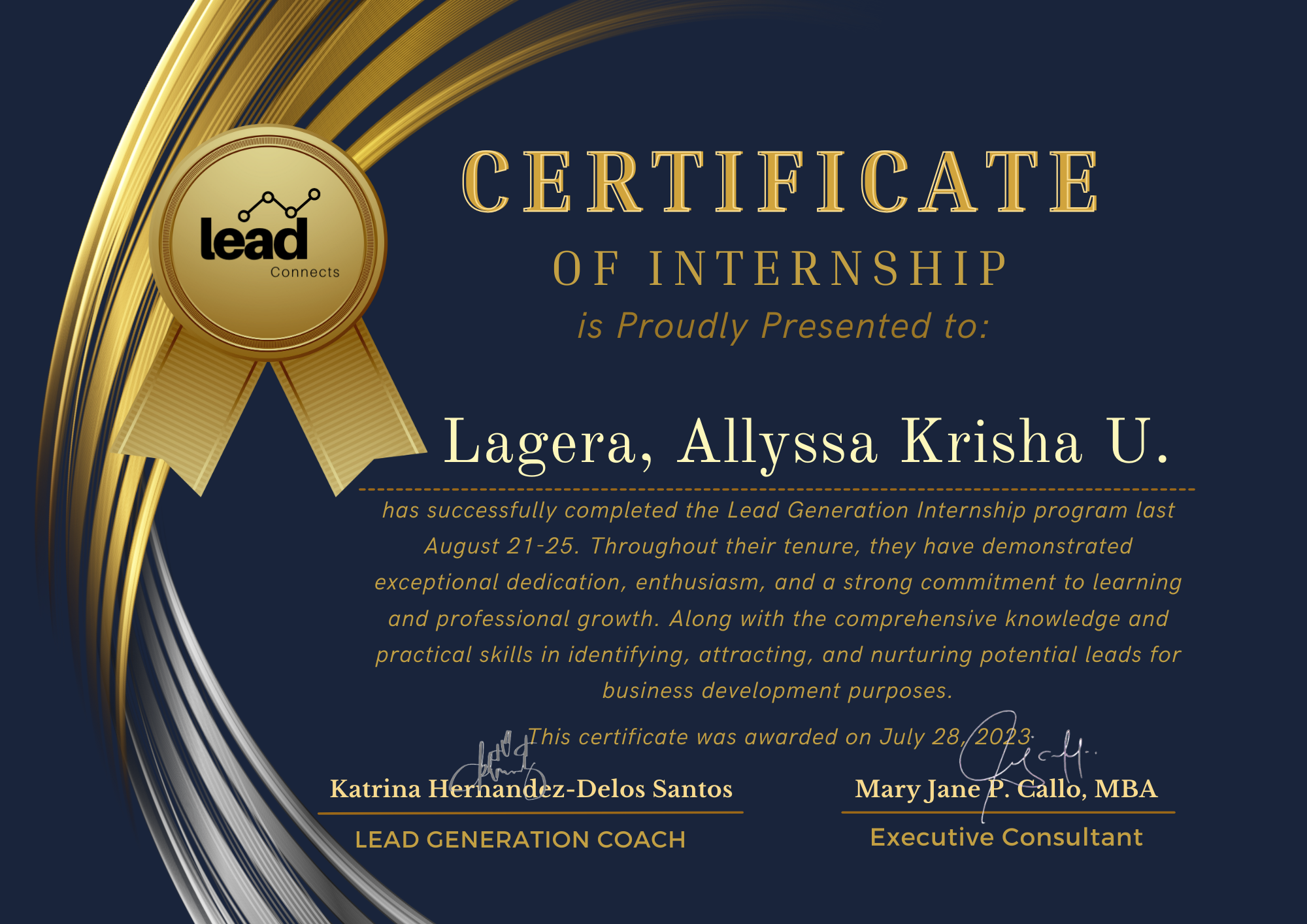 Lead Generation Internship Certificate