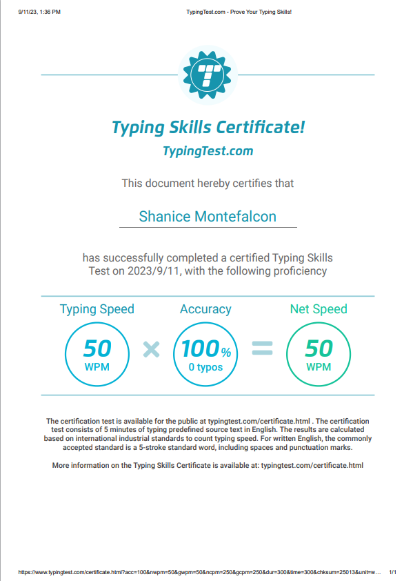 My Typing Certificate