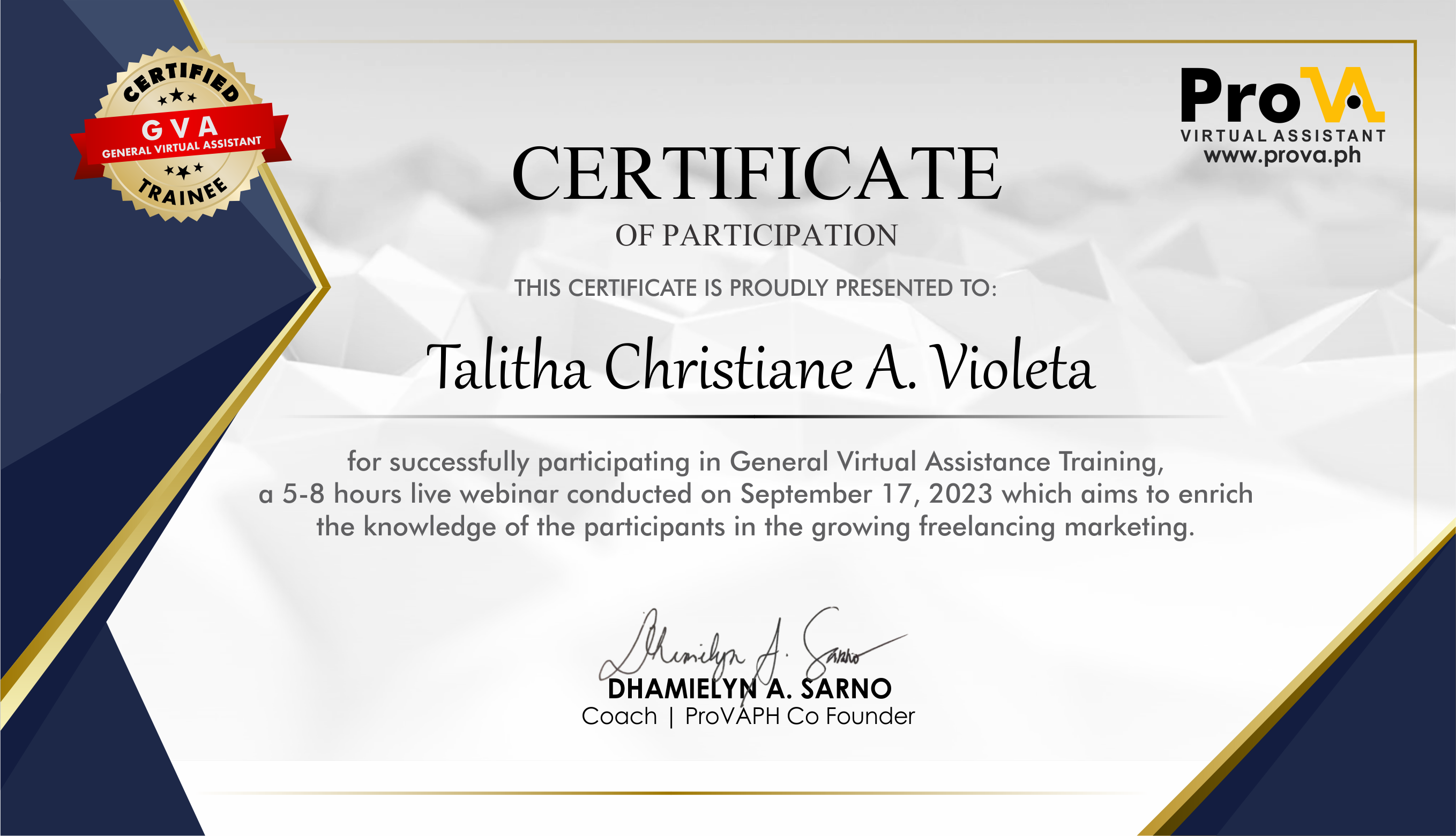 GENERAL VIRTUAL TRAINING CERTIFICATE