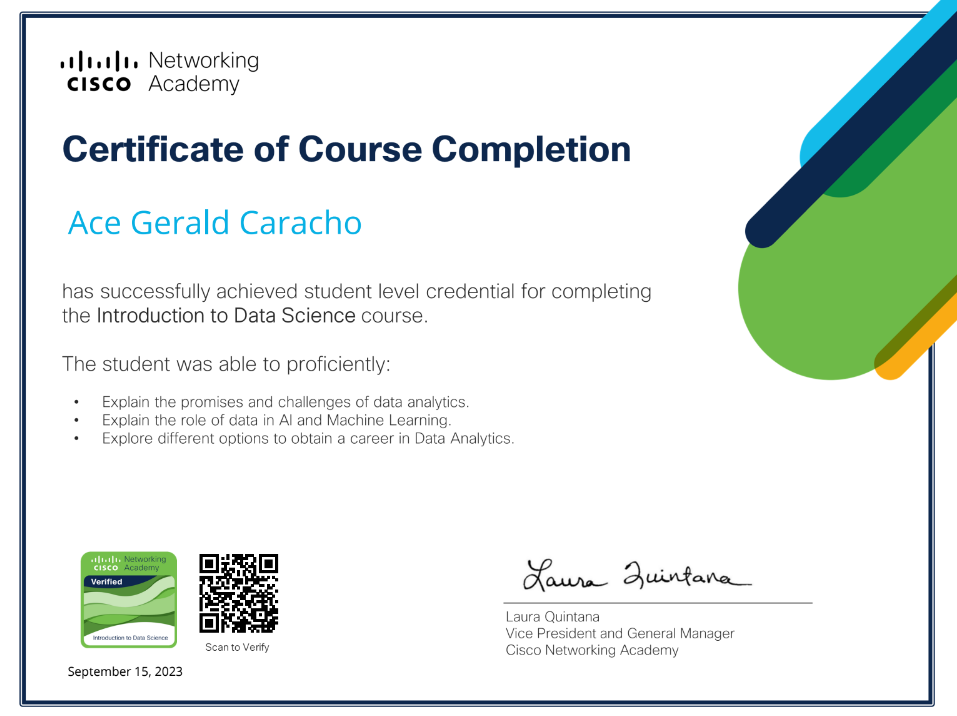 Cisco Networking Academy Certificate of Course Completion