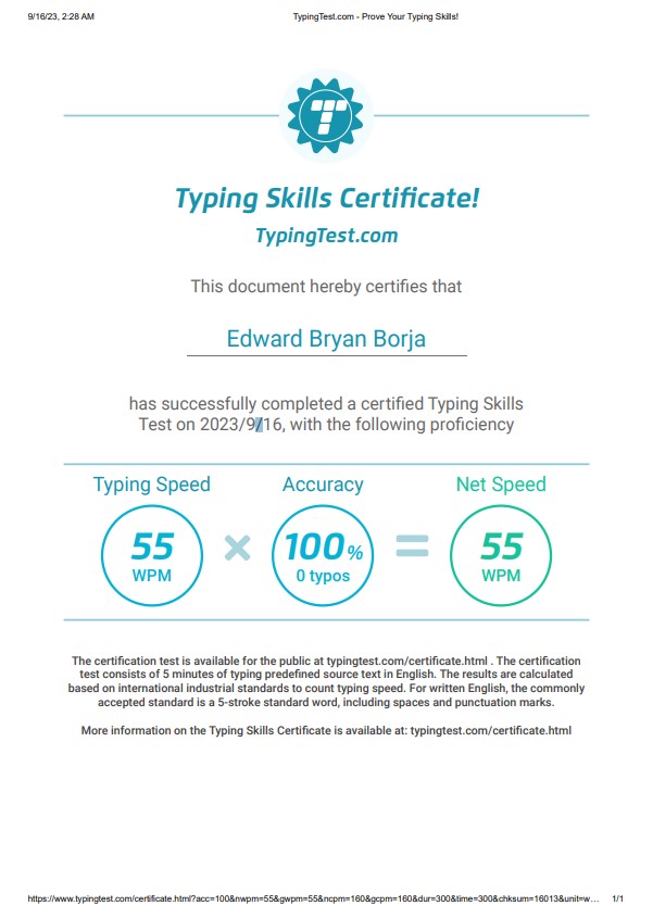 Typing Skill Certificate